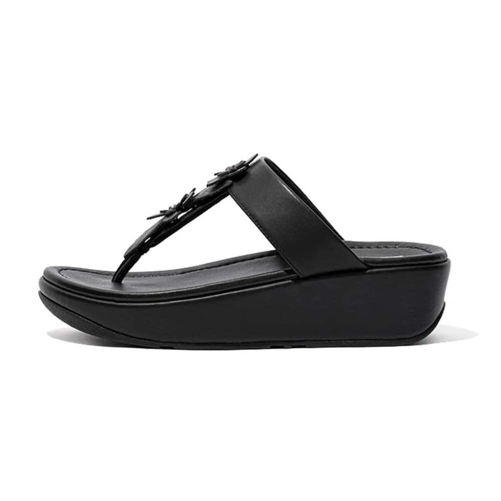 Fitflop Women's Black Fino Floral Crystal‎ Leather Wedge Slip-On Slide Sandal 10